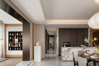 Large trendy open concept beige floor and wall paneling living room photo in Other