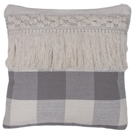 Grey Plaid Fringe Cotton Pillow , Grey, 18"