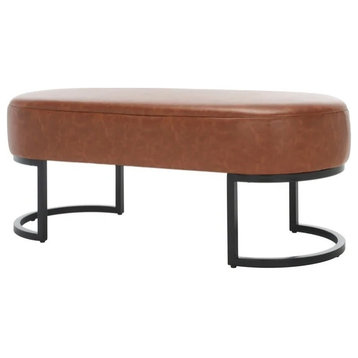Minimalistic Accent Bench, Oval Shaped Design With Faux Leather Seat, Cognac