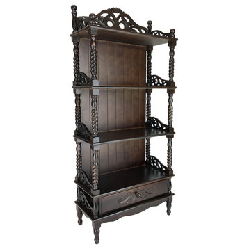 Wooden Bookcase Shelf with Carved Details and Filigree Accents, Brown