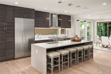 Large minimalist single-wall light wood floor eat-in kitchen photo in Seattle with an undermount sink, flat-panel cabinets, dark wood cabinets, quartz countertops, white backsplash, window backsplash, stainless steel appliances and an island