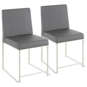 High Back Fuji Dining Chair, Set of 2, Brushed Stainless Steel, Gray PU