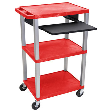 Luxor Tuffy Red 42" 3-Shelf Cart, Black Pullout Shelf, Nickel Legs, Electric