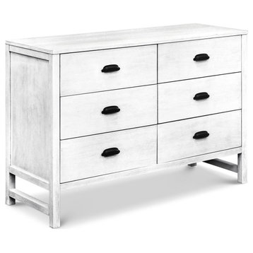 Farmhouse Double Dresser, Pine Frame & 6 Drawer With Hooded Pulls, Cottage White