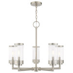 Livex Lighting - Livex Lighting Hillcrest 5 Light Brushed Nickel Outdoor Chandelier - The five light outdoor chandelier from the Hillcrest collection made of rugged stainless steel features a simple elegant brushed nickel frame paired with closed top clear glass shades. Each shade is accented with a banded brushed nickel ring to carry through the theme of finely crafted metal fittings.�