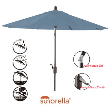 9' Round Push Tilt Market Umbrella, Grey Frame, Sunbrella, Sapphire Blue