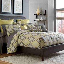 AICO Furniture - Society Row Slate/Yellow Diamond Patterned 10-pc King Bedding S - Bedroom Products