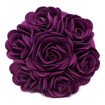 Multi Rose Motifs Felt 15" Round Decorative Throw Pillow, Plum