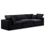 Meridian Furniture - Comfy Upholstered Modular Sofa, Black, 3-Piece: 1 Armless Chair, 2 Corner Chair, Velvet - Give your space a whole new look with this black Comfy velvet sofa. This handsome sofa fits nicely with other items in the Comfy collection and is a versatile seating option designed for adaptability, comfort and style. Wrapped in rich black durable velvet upholstery, this sofa offers a plush embrace of overstuffed down feather cushions, carefully crafted to deliver the highest level of comfort. The perfect seat for creating an oasis for relaxation, this sofa has thick foam surrounding its frame for added support and coziness.