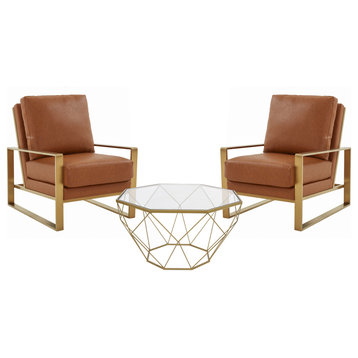 LeisureMod Jefferson Arm Chairs and Coffee Table with Gold Frame, Cognac Tan