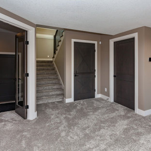 他の地域のトランジショナルスタイルのおしゃれな地下室 (ベージュの壁、カーペット敷き、吊り下げ式暖炉、石材の暖炉まわり、ベージュの床) の写真