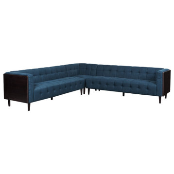 Warnock Mid-Century Modern Fabric Tufted Sectional Sofa Set, Navy Blue + Brown