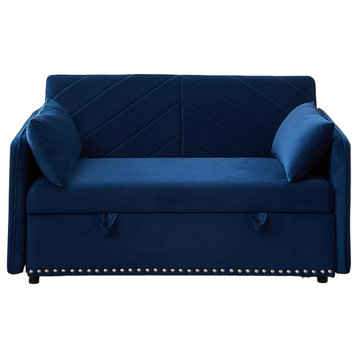 Modern Sleeper Sofa, Cushioned Seat With Geometric Tufted Back & Nailhead, Blue