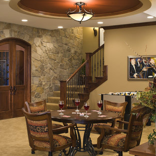 Beach style basement in Minneapolis with beige walls, carpet, no fireplace and yellow floors.