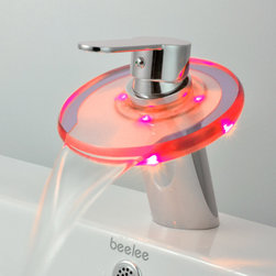 Contemporary Color Changing LED Glass Spout Waterfall Bathroom Sink Faucet - T08 - Bathroom Sink Faucets