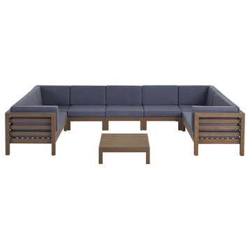 Emma Outdoor 9 Seater Acacia Wood Sectional Sofa Set, Dark Gray