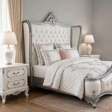 French provincial bedroom furniture | Solid teak wood upholstered bed