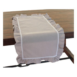 Xia Home Fashions - Ruffle Trim Taupe with White Lace Table Runner, 16"x36" - Table Runners