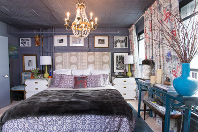 Example of a mid-sized eclectic master light wood floor and beige floor bedroom design in New York with purple walls