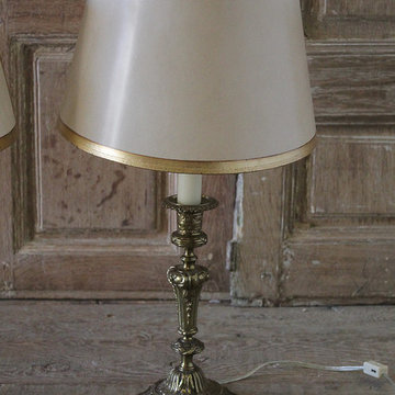 Pair of Brass Candlestick Lamps with Parchment Shades