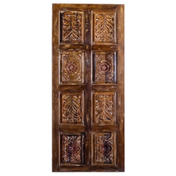 Consigned Indo French Barn Door, Rustic Floral Carved Accent Sliding Door 84x36