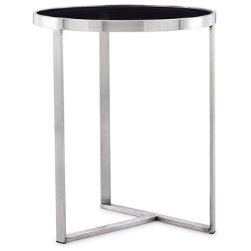 Corbe End Table Smoked Black Tempered Glass Top Brushed Stainless Steel Base