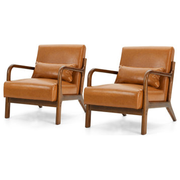 Mid-Century Modern Leatherette Accent Armchair, Set of 2, Yellowish-Brown