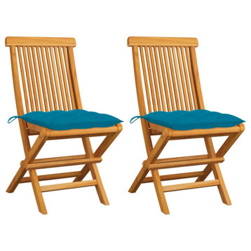 Vidaxl Garden Chairs With Light Blue Cushions, Set of 2, Solid Teak Wood