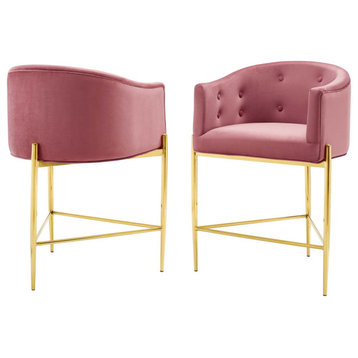 Tufted Counter Stool Chair, Set of 2, Velvet, Metal, Pink, Modern, Bar Pub