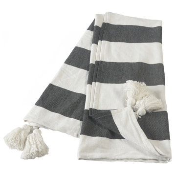 Charcoal Gray Cabana Striped Throw Blanket with Tassels