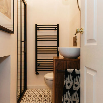 Beautiful modern vintage bathroom with wood accents