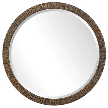Textured Gold Classic Contemporary Round Wall Mirror | 30" Bark Organic Metallic