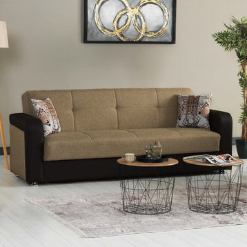 Modern Sleeper Sofa, Buttonless Tufted Back, Brown Chenille/Brown Leatherette