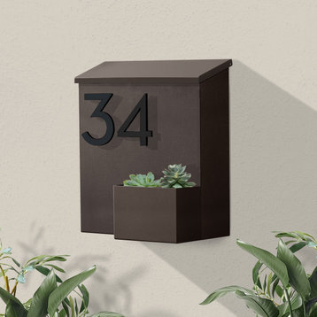 Greetings Wall Mounted Mailbox + House Numbers, Lock Included, Outgoing Flag, Brown, Black Font