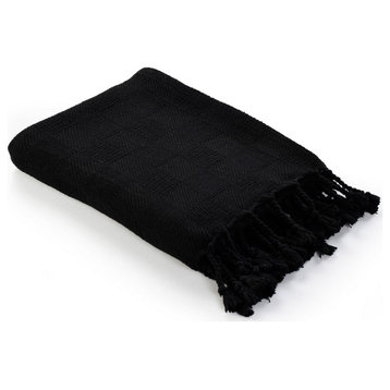 Checkered Weave Throw Blanket with Fringe, Jet Black
