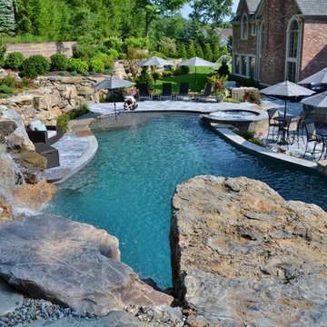 Pool and Spa with Water Feature Built into Mountainside - Mahwah, NJ