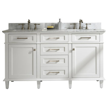 60" White Finish Double Sink Vanity Cabinet With Carrara White Top