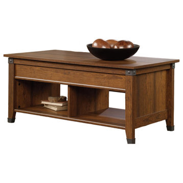Farmhouse Coffee Table, Lift Up Top With 2 Lower Compartments, Cherry Finish