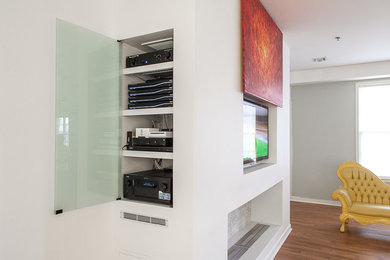 Mid-sized minimalist formal and enclosed brick floor living room photo in New York with a media wall, a ribbon fireplace, a brick fireplace and white walls