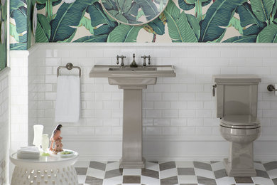 Example of a large trendy master white tile and subway tile porcelain tile bathroom design in Salt Lake City with a two-piece toilet, white walls and a pedestal sink