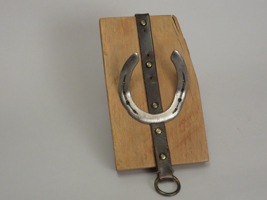 #R15026 Coat Rack Reclaimed Beech, horseshoes, leather.