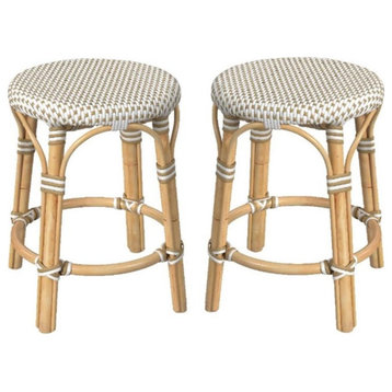 Home Square 18" Rattan Round Stool in White and Tan Dot - Set of 2