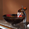 Glass Vessel Sink, Bathroom Waterfall Faucet, Drain, Mount Ring, Oil Rub Bronze