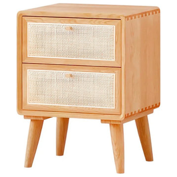 Japandi Natural Rattan Nightstand Solid Wood Bedside Table With 2 Drawers