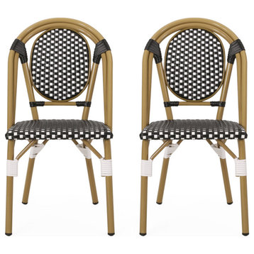 Magnus Outdoor French Bistro Chairs, Set of 2, Black/White/Bamboo Print Finish