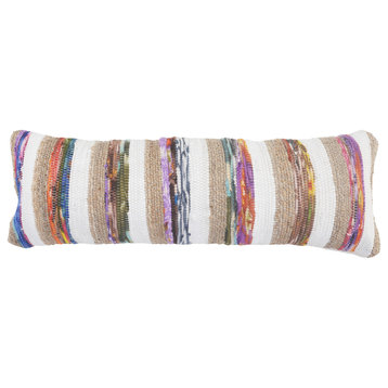 White and Multicolored Chindi with Natural Jute Striped Throw Pillow