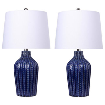 23.5" Dark Blue Ceramic Table Lamp With Off-White Linen Shade, Set of 2