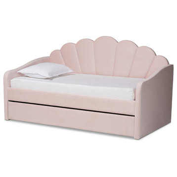 Timila Light Pink Velvet Fabric Upholstered Twin Size Daybed with Trundle
