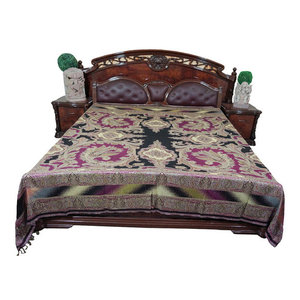 Mogul Interior - Mogul Moroccan Bedding Pashmina Wool Purple Black Paisley Blanket Throw - Gorgeous & intricate ethnic medium purple and black reversible warm jamavar wool Indian bedspread bed cover in exquisite huge swirling floral paisley motifs from India.