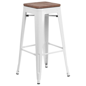 Flash Furniture 30" Backless Metal Bar Stool in White and Wood Grain